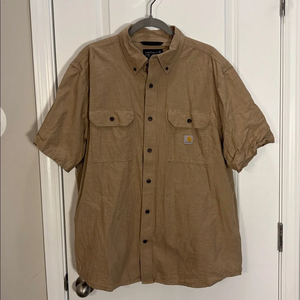Carhartt Men's Brown Medium weight Knit Short sleeve Solid Button-down shirt L